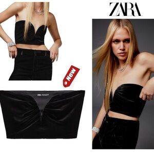 Zara black velvet sweetheart neckline strapless bandeau crop top Sz M NWT